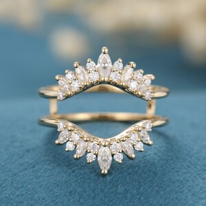 Marquise Cut Moissanite Double Wedding Band for Women Solid 14K Yellow ...