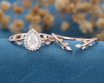 Pear shaped Moissanite engagement ring set Unique Vintage Rose gold engagement ring marquise Diamond wedding  Promise Bridal set Anniversary