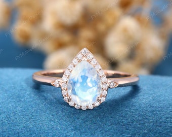 Rose Gold Moonstone engagement ring  Pear shaped 6*8  vintage engagement ring Halo moissanite bridal wedding ring Anniversary gift for her
