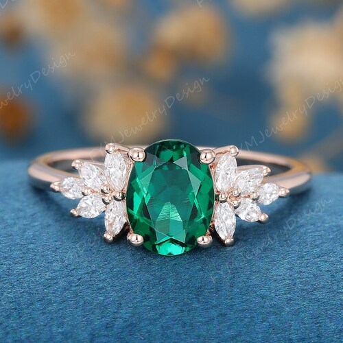 Oval Cut Emerald Engagement Ring Vintage 14K Yellow Gold - Etsy