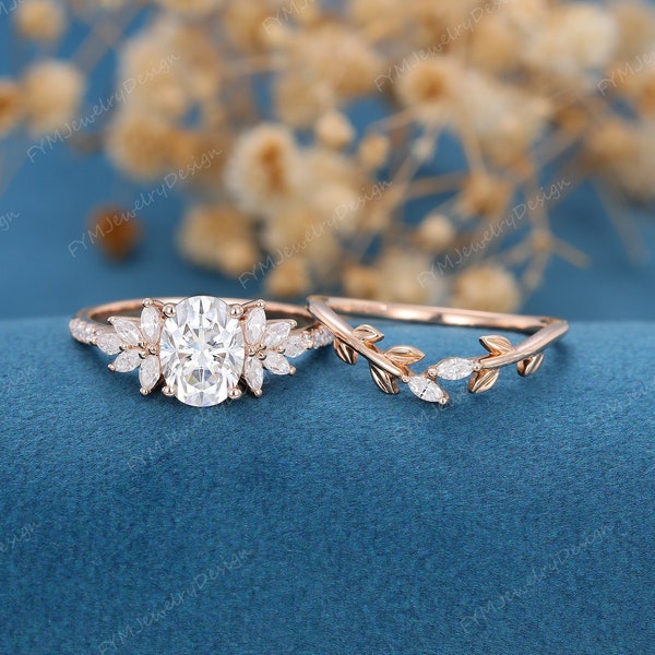 Oval cut moissanite engagement ring set vintage rose gold Cluster engagement ring half eternity Marquise Diamond ring Bridal Promise gift