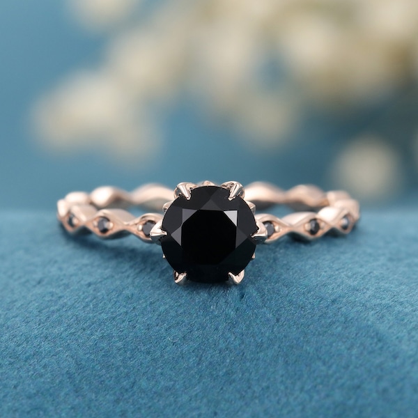 Black Onyx engagement ring Rose gold vintage Unique Black Diamond wedding for women Promise Bridal Jewelry Antique Anniversary gift for her