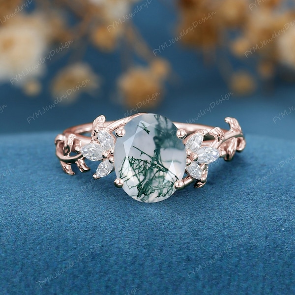 Vintage Oval Cut Moss Agate Engagement Ring White gold  leaf vine marquise cut Diamond | Moissanite ring unique bridal wedding ring for her