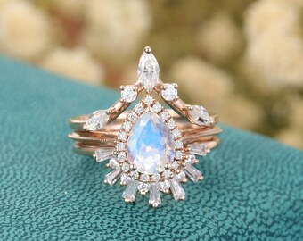 3PCS Pear shaped Moonstone engagement ring set vintage Rose Gold Moissanite engagement ring Unique Baguette Wedding Antique Anniversary gift