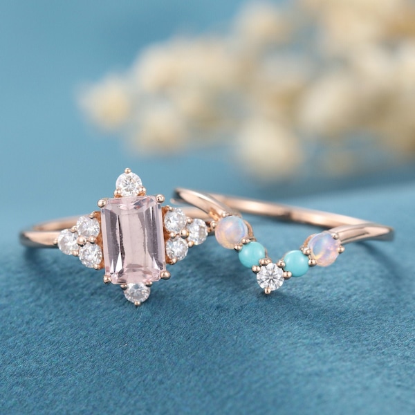 Emerald geslepen morganiet verlovingsring set roségouden verlovingsring opaal turkoois gebogen bruiloft vintage bruids set belofte cadeau voor vrouwen