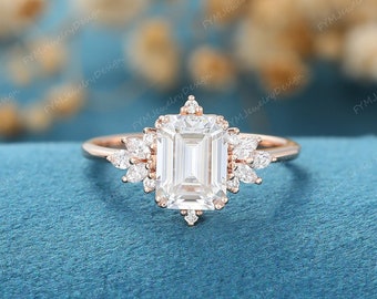 Emerald cut Moissanite engagement ring vintage rose gold engagement ring Unique marquise Diamond wedding Bridal Anniversary gift for women