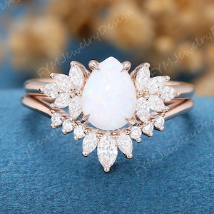 Pear Shaped Opal Engagement Ring Vintage Solid 14K Rose Gold Flower Bridal Promise Moissanite Ring Stacking Curved Wedding Band Gift For Her