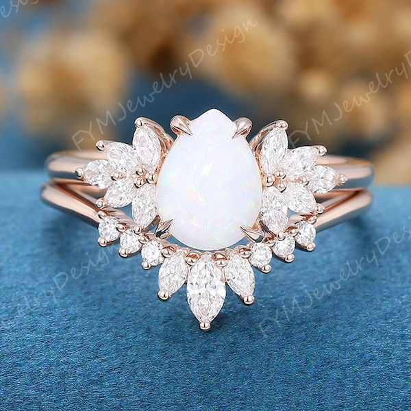 Pear Shaped Opal Engagement Ring Vintage Solid 14K Rose Gold Flower Bridal Promise Moissanite Ring Stacking Curved Wedding Band Gift For Her