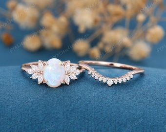 2PCS Oval shaped Opal engagement ring set vintage rose gold cluster engagement ring women marquise Diamond wedding Bridal Promise gift