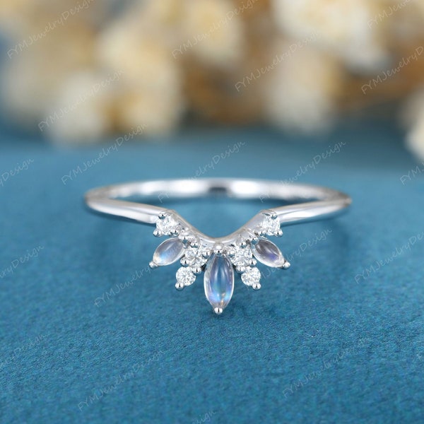 Curved wedding band White gold  Unique Marquise cut moonstone Solid 14K Gold Moissanite matching band Dainty Bridal promise gift for her