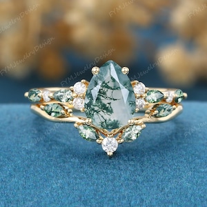 Pear Cut Moss Agate Engagement Ring Set Vintage 10K/14K Yellow Gold Bridal Promise Ring Unique Stacking Curved Wedding Band FYMJewelryDesign