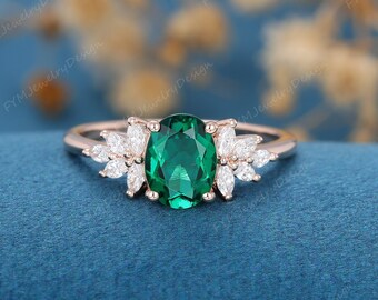 Oval cut emerald engagement ring vintage rose gold engagement ring marquise Diamond wedding Bridal Promise gift for women