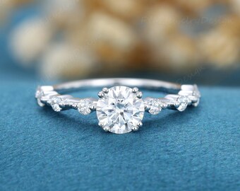 Round cut Moissanite engagement ring women White gold vintage ring Unique moissanite Promise Bridal Jewelry Antique Anniversary gift for her