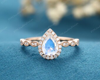 Moonstone engagement ring vintage Rose Gold engagement ring Pear shaped Halo Diamond Milgrain Wedding Bridal set Anniversary gift for women