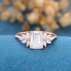 Unique Moissanite engagement ring women vintage rose gold Emerald cut cluster engagement ring marquise Diamond wedding Bridal gift for her