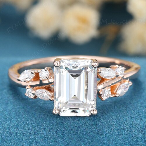 Vintage Emerald Cut Moissanite Engagement Ring// Delicate - Etsy