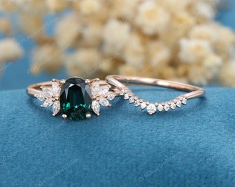 Oval cut Blue green sapphire engagement ring set rose gold vintage marquise cluster engagement ring Diamond wedding Bridal Promise gift