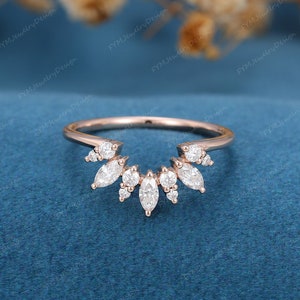 Curved wedding band women vintage Unique Marquise cut Moissanite /diamond Rose gold wedding band Solid 14K Gold Matching Bridal Promise gift