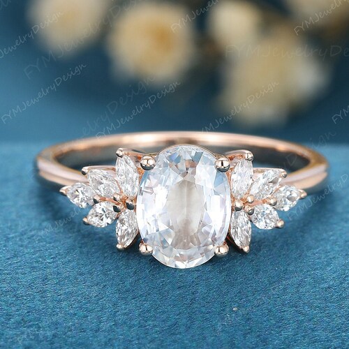 Oval Cut White Sapphire Engagement Ring Vintage Unique - Etsy