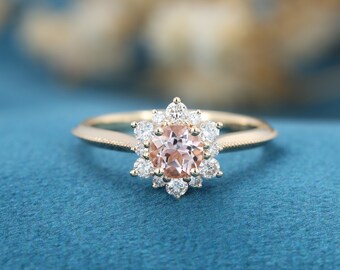 Morganite engagement ring vintage Unique Rose gold engagement ring for women Halo Diamond wedding Milgrain Bridal Promise Anniversary Gift