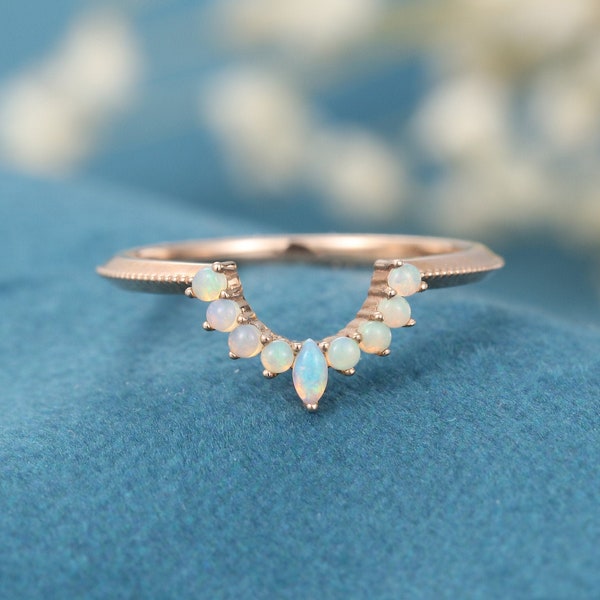 Curved wedding band vintage Rose gold wedding band for women 14K Gold Unique Marquise cut Opal ring Stacking Matching Bridal Promise gift