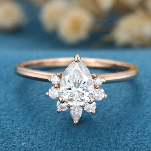 Pear Shaped Moissanite Engagement Ring Unique Art Deco - Etsy
