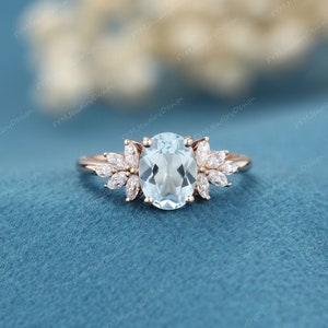 Oval cut Aquamarine engagement ring vintage rose gold engagement ring marquise Diamond wedding Bridal Promise gift for women