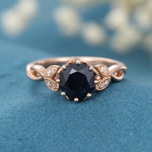 Black Sapphire engagement ring Rose gold Unique Diamond Cluster engagement ring vintage Twisted wedding Bridal Anniversary Gift for women