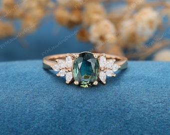 Oval Cut Blue Green Sapphire Engagement Ring Rose Gold Engagement