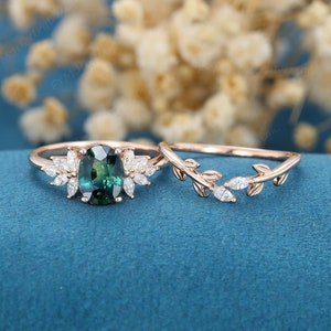 Oval shaped Blue green sapphire engagement ring set vintage rose gold Cluster engagement ring art deco Marquise Diamond ring Bridal Promise