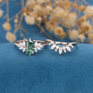 Hexagon cut Moss Agate engagement ring set vintage engagement ring Rose Gold diamond wedding marquise Bridal set Promise Anniversary gift