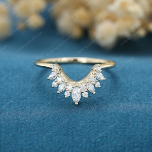 Curved Moissanite Wedding Band: Marquise Diamond 14K Yellow Gold Stacking Ring