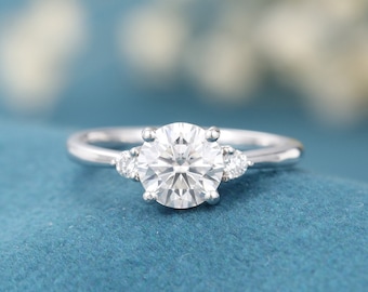 Runde geschnitten Moissanite Verlobungsring Weißgold einzigartige einfache drei Stein Ring Set Versprechen Diamant Hochzeit Valentinstag Geschenk für Frauen
