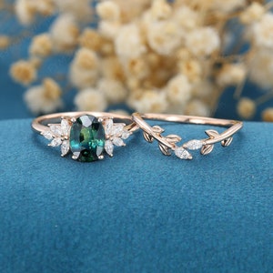 Oval Blue Green Sapphire Engagement Ring Set: Rose Gold Diamond Art Deco Bridal Ring