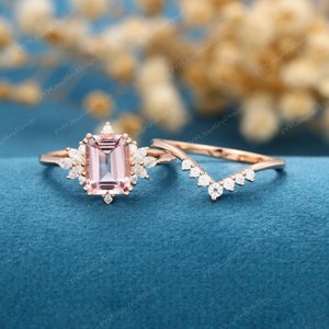 Emerald cut morganite engagement ring vintage rose gold engagement ring women curved wedding Bridal set anniversary Promise gift for her