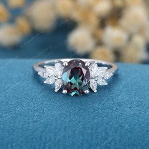 Oval cut alexandrite engagement ring vintage white gold engagement ring marquise Diamond wedding Bridal Promise gift for women
