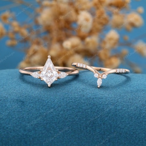kite cut Moissanite engagement ring set Rose gold Unique Marquise stone engagement ring vintage wedding Bridal set Promise Anniversary gift