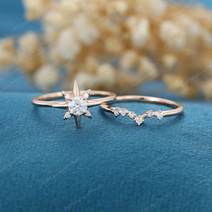 Juego de 2 anillos de compromiso de oro rosa con forma de estrella del norte, anillo de compromiso de moissanita, anillo de bodas de estrella, anillo de oro de 14 quilates, regalo de promesa nupcial para mujer.
