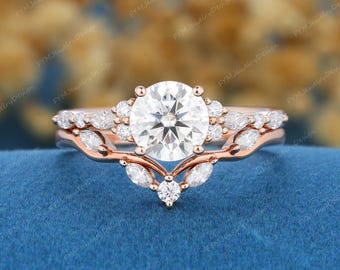 Round cut Moissanite Engagement Ring Set Vintage Rose Gold Cluster Marquise Moissanite Bridal Set Stacking Moissanite Curved Wedding Band