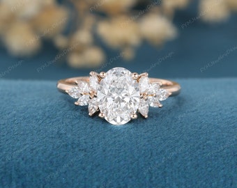 1.5Carat Oval cut Lab diamond Nature Inspired Engagement Ring vintage rose gold engagement ring marquise Diamond wedding Bridal Promise gift