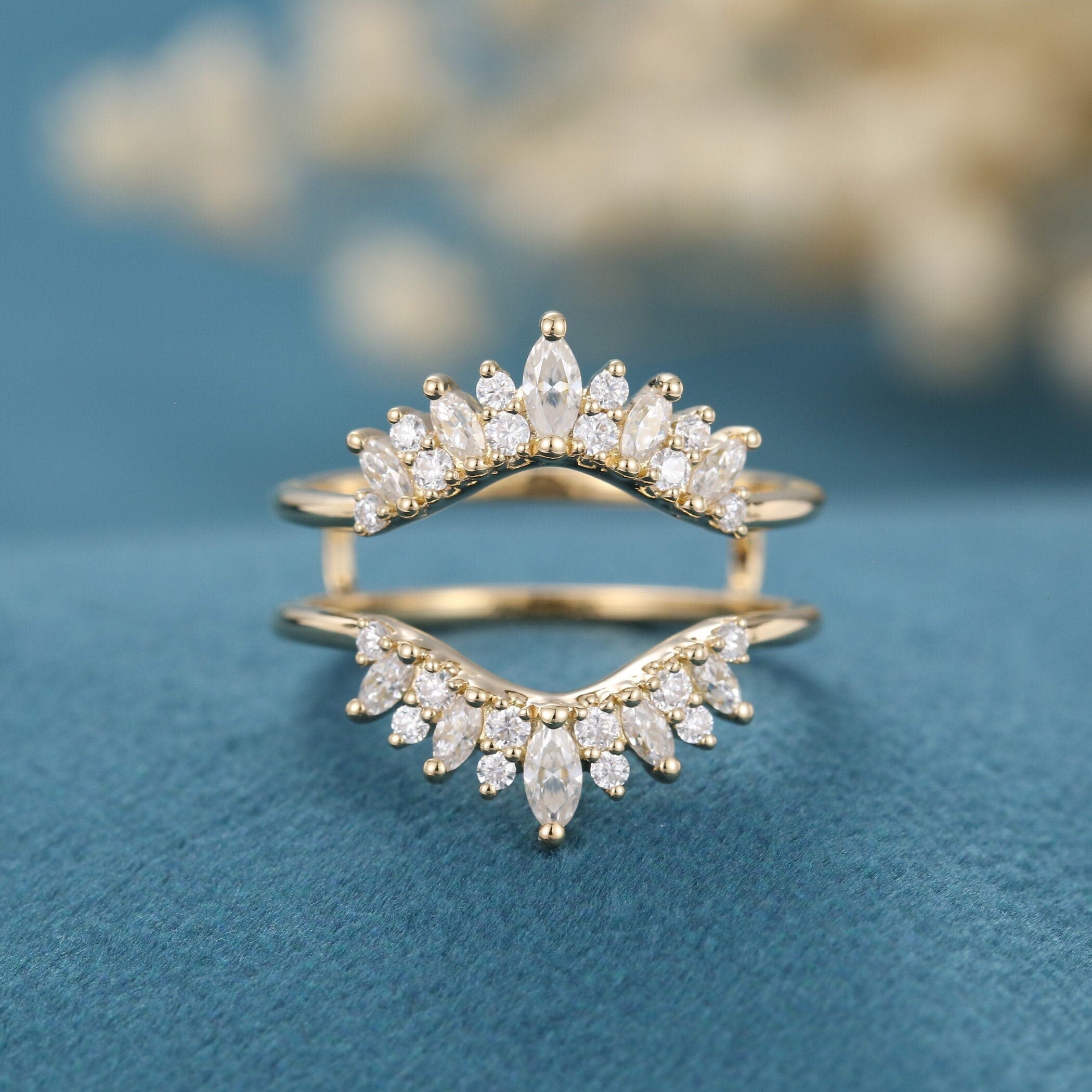 Marquise Cut Moissanite Double Wedding Band for Women Solid 14K Yellow ...