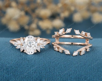 1.3Carat Oval Lab grown diamond Nature Inspired Engagement Ring Rose Gold ring set Marquise diamond double curved Opal Bridal set for women
