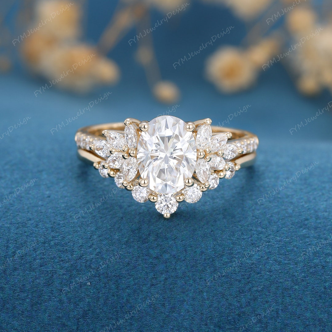 Oval Cut Moissanite Engagement Ring Set Vintage Yellow Gold Cluster ...
