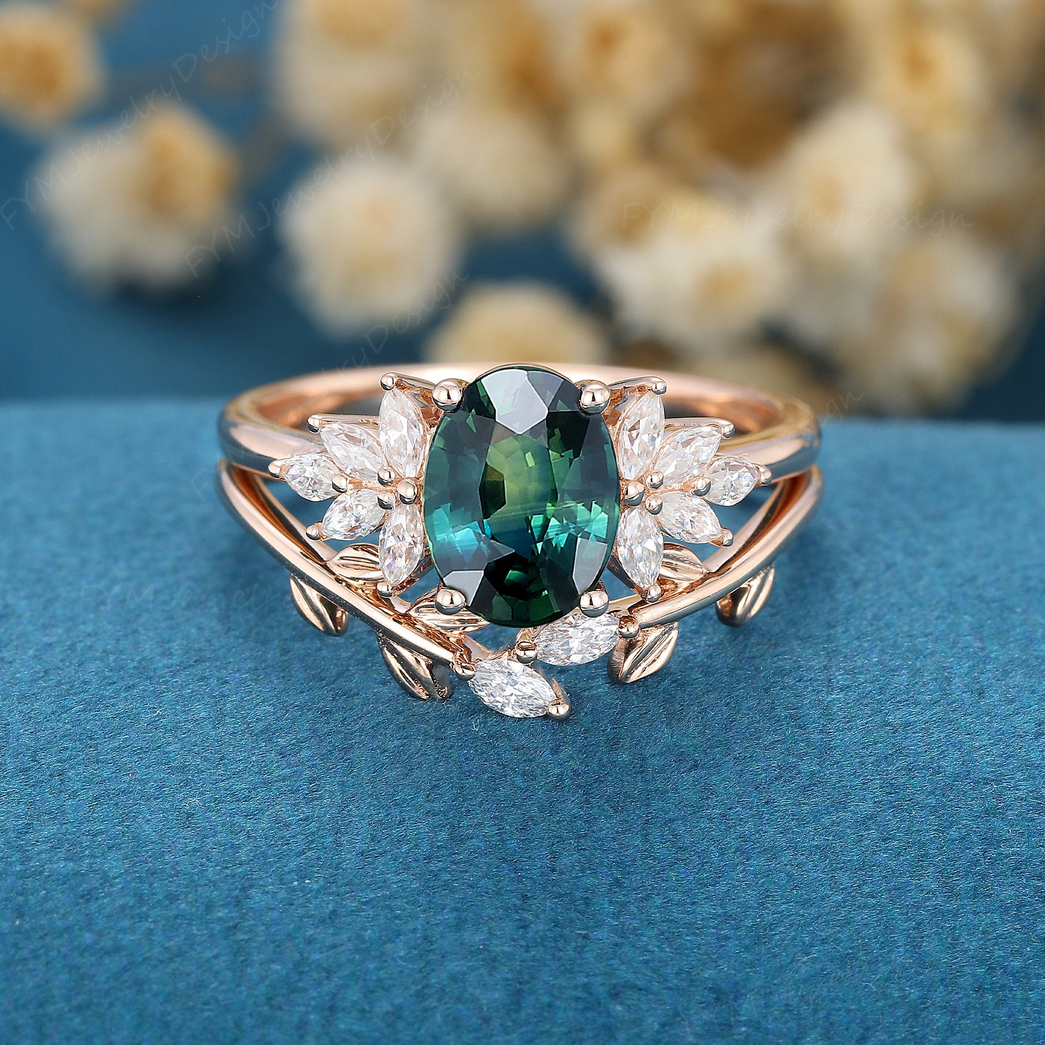 Oval Shaped Blue Green Sapphire Engagement Ring Set Vintage | Etsy UK