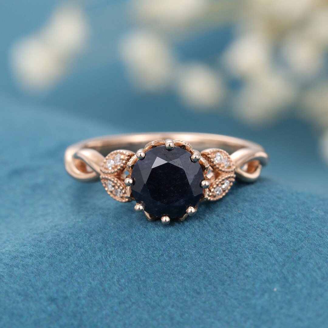 Black Sapphire Engagement Ring Rose Gold Unique Diamond - Etsy