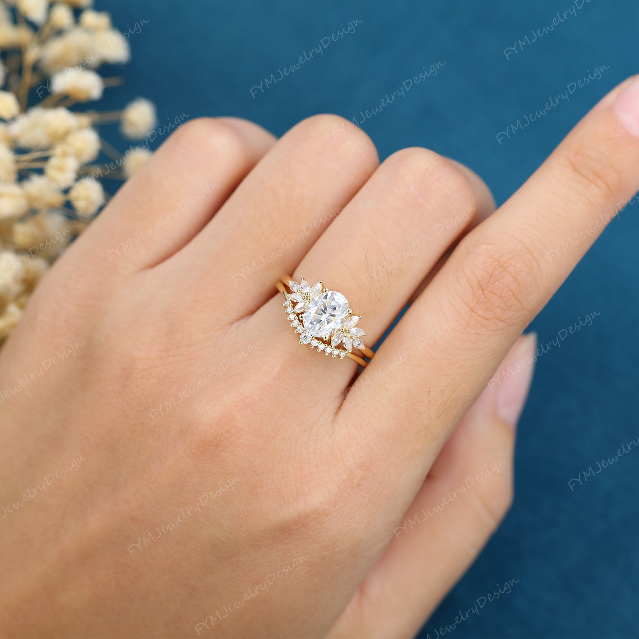 Oval Cut Moissanite Engagement Ring Set Vintage Yellow Gold Cluster ...