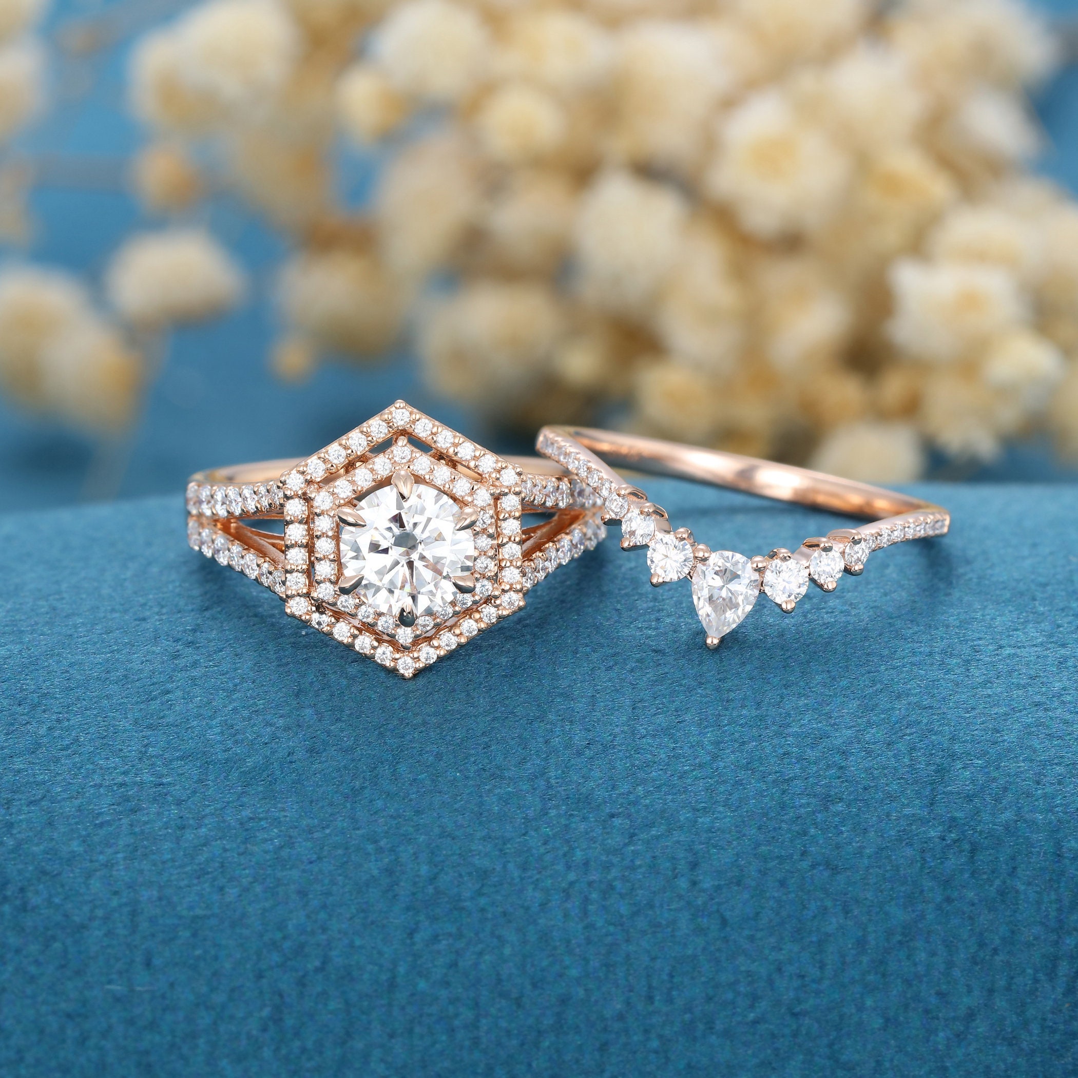 2PS Hexagon engagement ring set Rose gold Halo Moissanite ring unique Pear shaped diamond wedding Promise Anniversary Promise gift for women