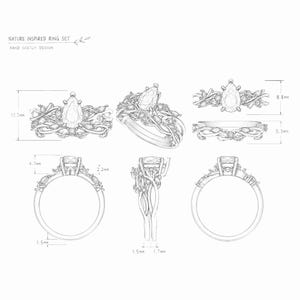 May include: A hand-drawn sketch of a nature-inspired ring set. The set includes multiple views of the rings, showcasing a pear-shaped center stone and intricate vine-like detailing. Measurements are provided in millimeters.