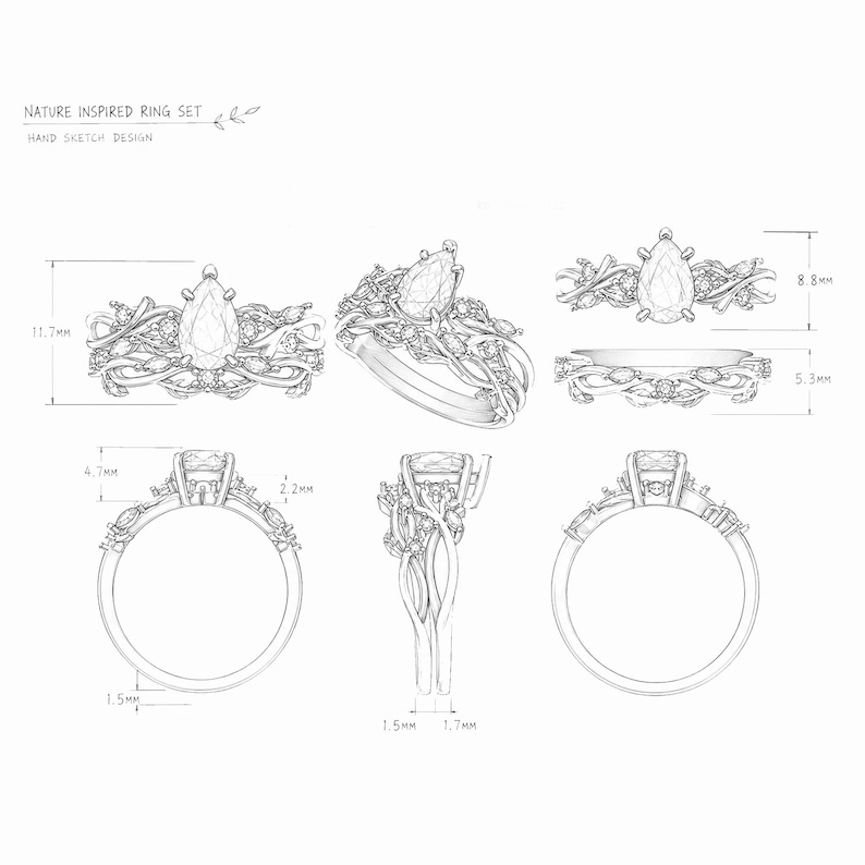 May include: A hand-drawn sketch of a nature-inspired ring set. The set includes multiple views of the rings, showcasing a pear-shaped center stone and intricate vine-like detailing. Measurements are provided in millimeters.