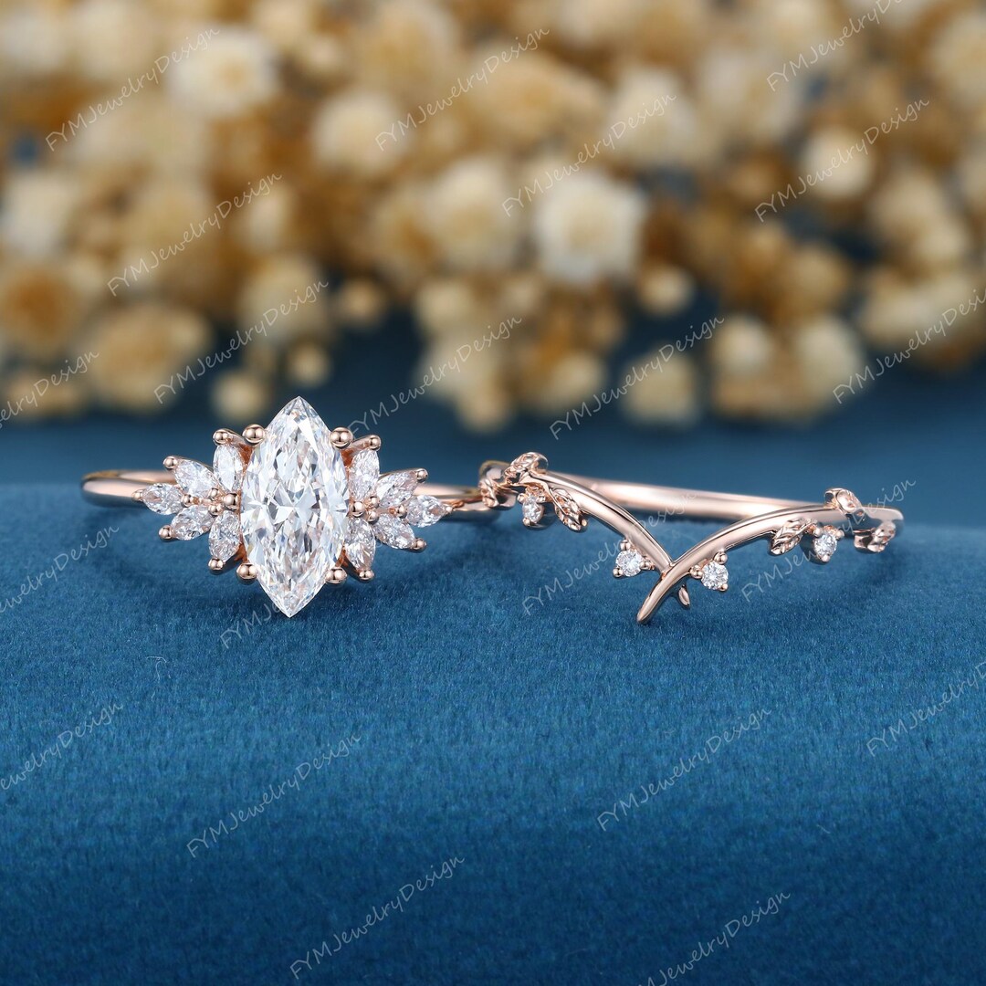 Marquise Cut Lab Grown Diamond Engagement Ring Set Solid 14K Rose Gold ...